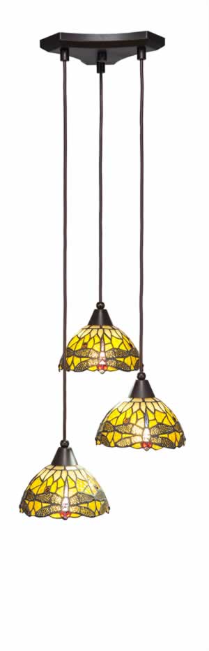 Europa 3 Light Multi Mini Pendant Shown In Dark Granite Finish With 7” Amber Dragonfly Tiffany Glass