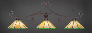 Curl 3 Light Billiard Light Shown In Bronze Finish With 16" Honey & Hunter Green Flair Tiffany Glass