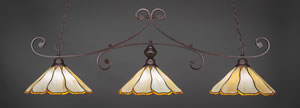 Curl 3 Light Billiard Light Shown In Bronze Finish With 16" Honey & Brown Flair Tiffany Glass