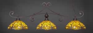 Curl 3 Light Billiard Light Shown In Bronze Finish With 16" Amber Dragonfly Tiffany Glass