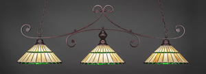 Curl 3 Light Billiard Light Shown In Bronze Finish With 15.5" Honey Glass & Green Jewels Tiffany Glass