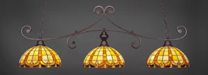 Curl 3 Light Billiard Light Shown In Bronze Finish With 14.5" Butterscotch Tiffany Glass