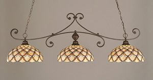 Curl 3 Light Billiard Light Shown In Bronze Finish With 16" Honey & Brown Scallop Tiffany Glass