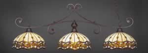 Curl 3 Light Billiard Light Shown In Bronze Finish With 16" Roman Jewel Tiffany Glass