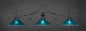 Curl 3 Light Billiard Light Shown In Dark Granite Finish With 16" Teal Crystal Glass