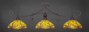 Curl 3 Light Billiard Light Shown In Dark Granite Finish With 16" Amber Dragonfly Tiffany Glass