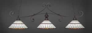 Curl 3 Light Billiard Light Shown In Dark Granite Finish With 15.5" Honey Glass &Amber Brown Jewels Tiffany Glass 