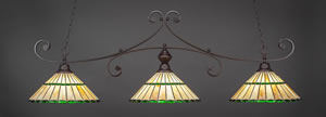 Curl 3 Light Billiard Light Shown In Dark Granite Finish With 15.5" Honey Glass & Green Jewels Tiffany Glass