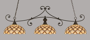 Curl 3 Light Billiard Light Shown In Dark Granite Finish With 16" Honey & Brown Scallop Tiffany Glass 