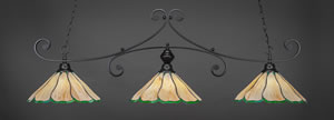 Curl 3 Light Billiard Light Shown In Matte Black Finish With 16" Honey & Hunter Green Flair Tiffany Glass