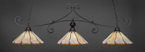 Curl 3 Light Billiard Light Shown In Matte Black Finish With 16" Honey & Brown Flair Tiffany Glass