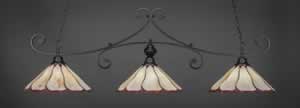 Curl 3 Light Billiard Light Shown In Matte Black Finish With 16" Honey & Burgundy Flair Tiffany Glass