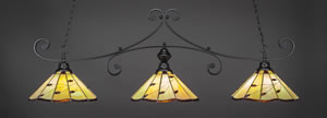 Curl 3 Light Billiard Light Shown In Matte Black Finish With 16" Autumn Leaves Tiffany Glass