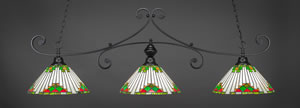 Curl 3 Light Billiard Light Shown In Matte Black Finish With 15" Green Sunray Tiffany Glass