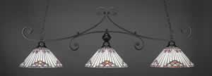 Curl 3 Light Billiard Light Shown In Matte Black Finish With 15" Purple Sunray Tiffany Glass