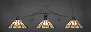 Curl 3 Light Billiard Light Shown In Matte Black Finish With 16" Hampton Tiffany Glass 