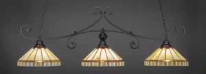 Curl 3 Light Billiard Light Shown In Matte Black Finish With 15" Honey & Brown Mission Tiffany Glass