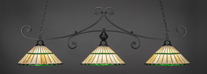 Curl 3 Light Billiard Light Shown In Matte Black Finish With 15.5" Honey Glass & Green Jewels Tiffany Glass