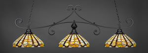 Curl 3 Light Billiard Light Shown In Matte Black Finish With 15" Paradise Tiffany Glass 