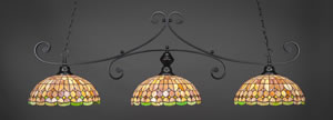 Curl 3 Light Billiard Light Shown In Matte Black Finish With 15" Rosetta Tiffany Glass