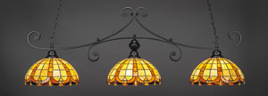 Curl 3 Light Billiard Light Shown In Matte Black Finish With 14.5" Butterscotch Tiffany Glass 