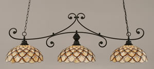 Curl 3 Light Billiard Light Shown In Matte Black Finish With 16" Honey & Brown Scallop Tiffany Glass 