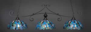 Curl 3 Light Billiard Light Shown In Matte Black Finish With 16" Blue Mosaic Tiffany Glass 