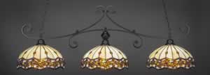 Curl 3 Light Billiard Light Shown In Matte Black Finish With 16" Roman Jewel Tiffany Glass