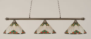 Oxford 3 Light Billiard Light Shown In Brushed Nickel Finish With 15" Green Sunray Tiffany Glass