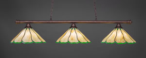 Oxford 3 Light Billiard Light Shown In Bronze Finish With 16" Honey & Hunter Green Flair Tiffany Glass