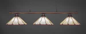 Oxford 3 Light Billiard Light Shown In Bronze Finish With 16" Honey & Burgundy Flair Tiffany Glass