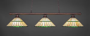 Oxford 3 Light Bar Shown In Bronze Finish With 15.5" Honey Glass & Green Jewels Tiffany Glass