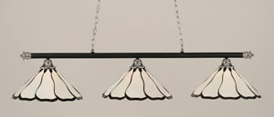 Oxford 3 Light Billiard Light Shown In Chrome And Matte Black Finish With 16" Pearl & Black Flair Tiffany Glass