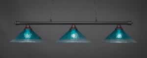 Oxford 3 Light Billiard Light Shown In Dark Granite Finish With 16" Teal Crystal Glass