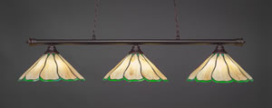 Oxford 3 Light Billiard Light Shown In Dark Granite Finish With 16" Honey & Hunter Green Flair Tiffany Glass