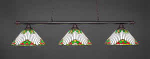 Oxford 3 Light Billiard Light Shown In Dark Granite Finish With 15" Green Sunray Tiffany Glass