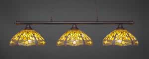 Oxford 3 Light Billiard Light Shown In Dark Granite Finish With 16" Amber Dragonfly Tiffany Glass