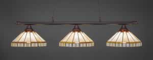 Oxford 3 Light Billiard Light Shown In Dark Granite Finish With 15" Honey & Brown Mission Tiffany Glass