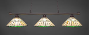 Oxford 3 Light Billiard Light Shown In Dark Granite Finish With 15.5" Honey Glass & Green Jewels Tiffany Glass
