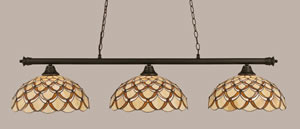 Oxford 3 Light Billiard Light Shown In Dark Granite Finish With 16" Honey & Brown Scallop Tiffany Glass