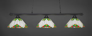 Oxford 3 Light Billiard Light Shown In Matte Black Finish With 15" Green Sunray Tiffany Glass