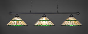 Oxford 3 Light Billiard Light Shown In Matte Black Finish With 15.5" Honey Glass & Green Jewels Tiffany Glass