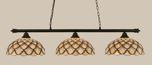 Oxford 3 Light Billiard Light Shown In Matte Black Finish With 16" Honey & Brown Scallop Tiffany Glass