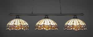 Oxford 3 Light Billiard Light Shown In Matte Black Finish With 16" Roman Jewel Tiffany Glass