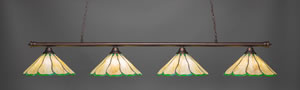 Oxford 4 Light Billiard Light Shown In Bronze Finish With 16" Honey & Hunter Green Flair Tiffany Glass