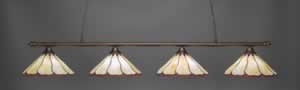 Oxford 4 Light Billiard Light Shown In Bronze Finish With 16" Honey & Burgundy Flair Tiffany Glass