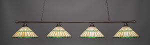 Oxford 4 Light Billiard Light Shown In Dark Granite Finish With 15.5" Honey Glass & Green Jewels Tiffany Glass