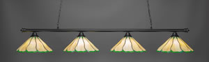 Oxford 4 Light Bar Shown In Matte Black Finish With 16" Honey & Hunter Green Flair Tiffany Glass