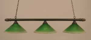 Round 3 Light Billiard Light Shown In Dark Granite Finish With 16" Kiwi Green Crystal Glass