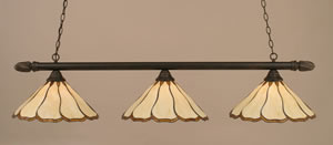 Round 3 Light Billiard Light Shown In Dark Granite Finish With 16" Honey & Brown Flair Tiffany Glass